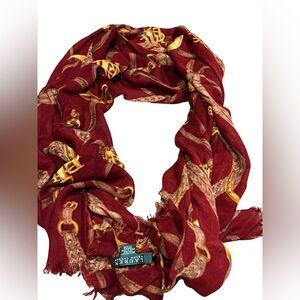 Lauren Ralph Lauren Equestrian Scarf – Burgundy Bits & Reins Print, Frayed Edge